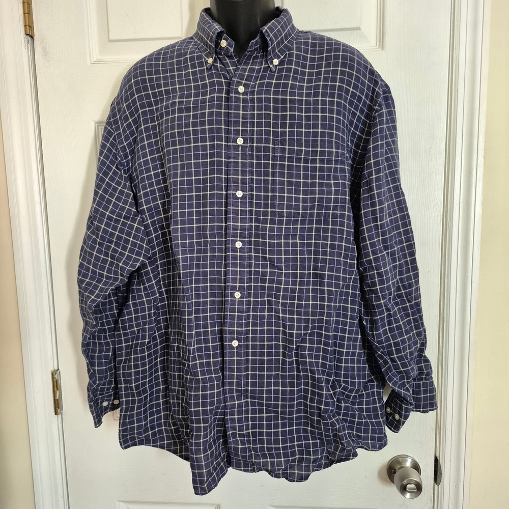 Brooks Brothers Mens XL Irish Linen Sport Shirt Navy Blue Windowpane Check L/S